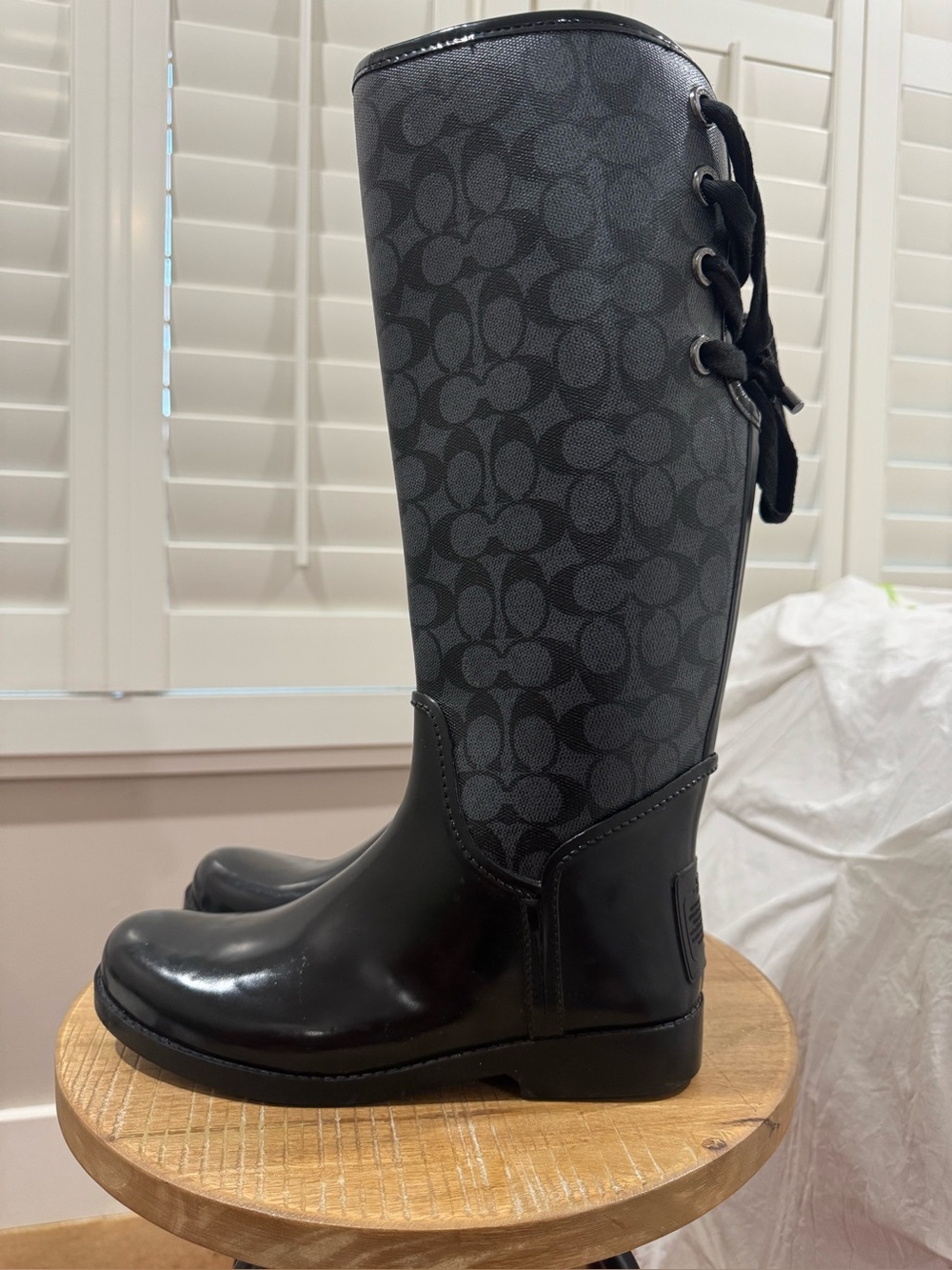 Coach Tristee Tall Corset Rain Boots Black Smoke Signature Monogram Q1524